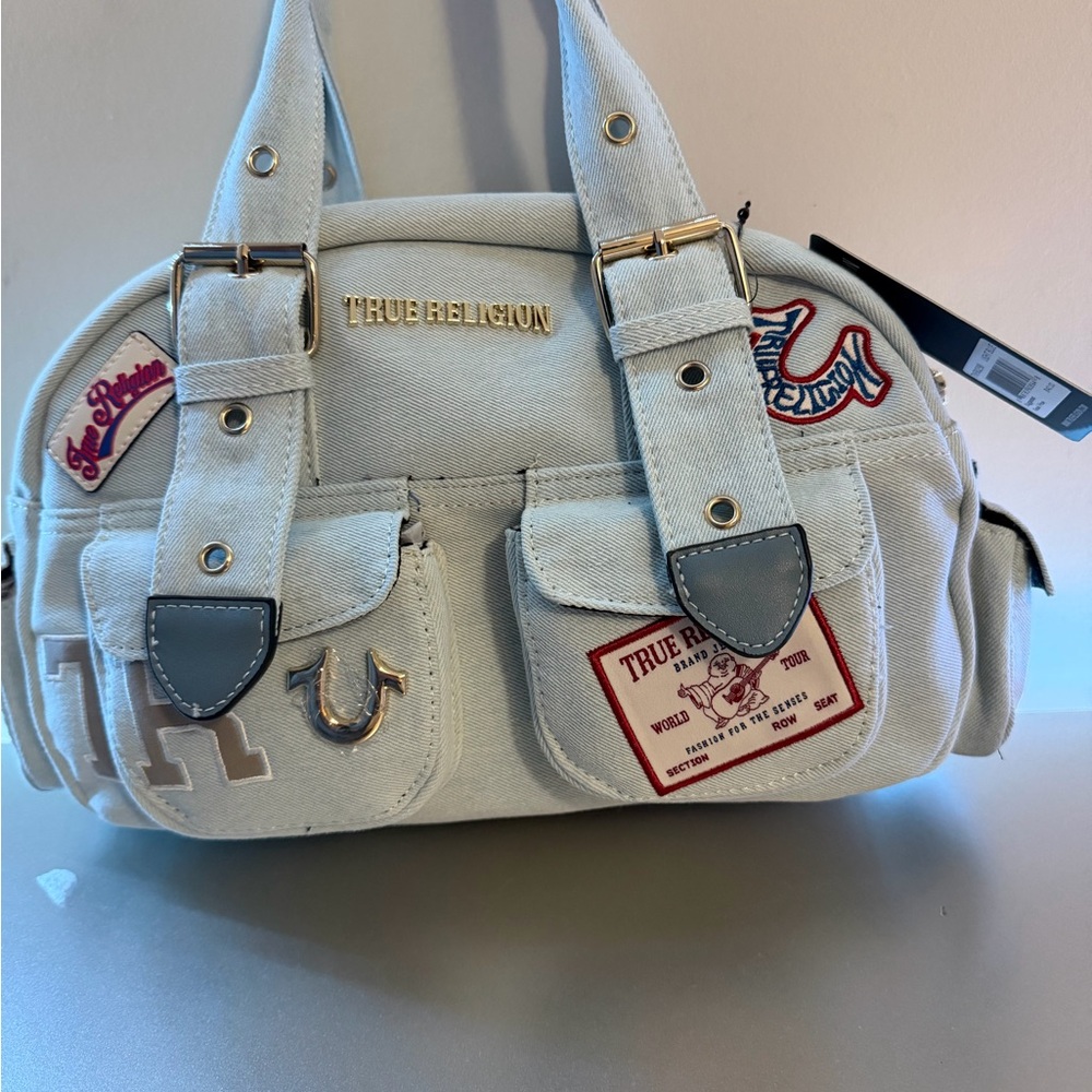 True Religion Light Blue Canvas Satchel Bag